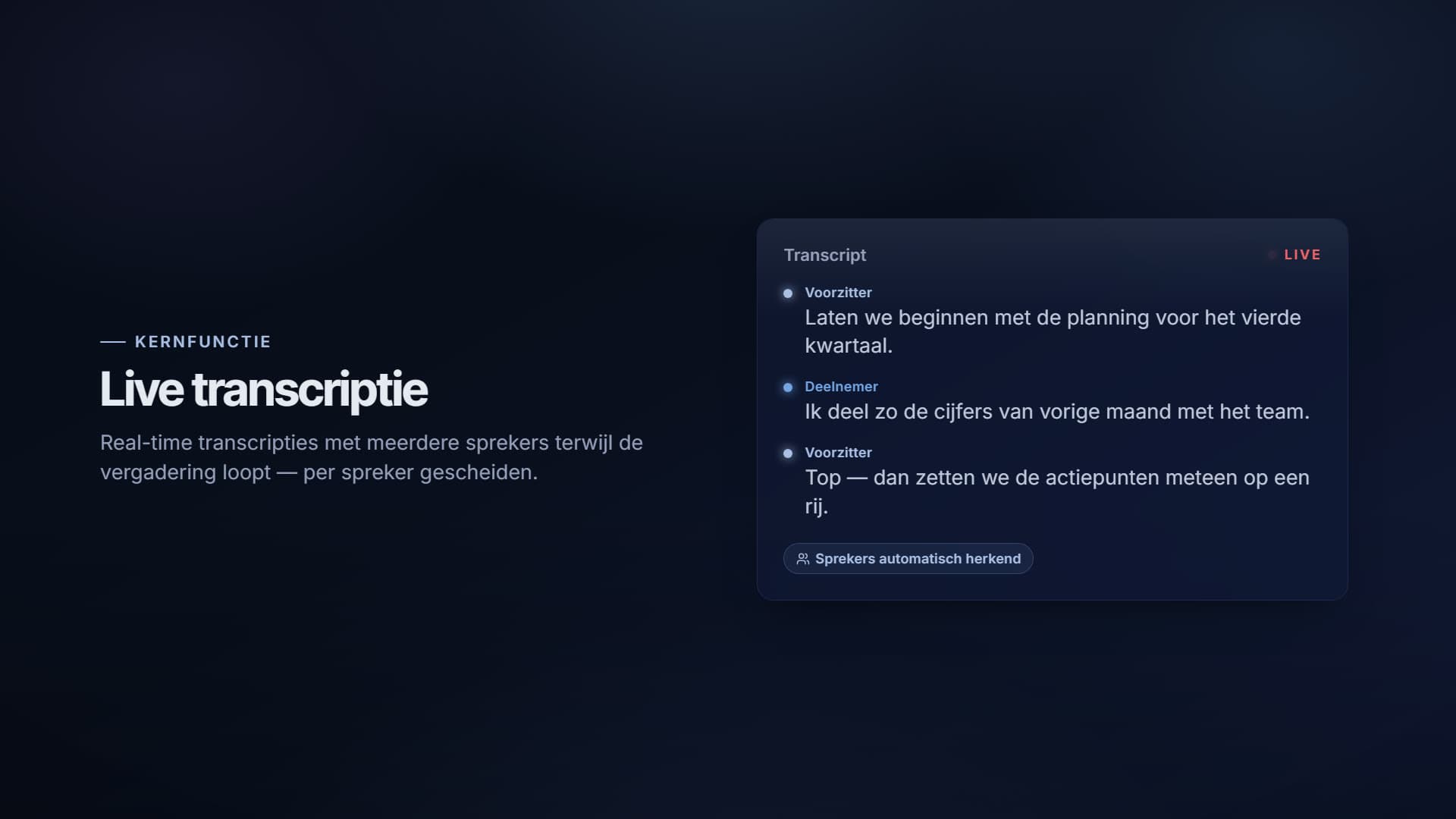 Mrmeet toont live transcriptie met sprekerherkenning tijdens een vergadering